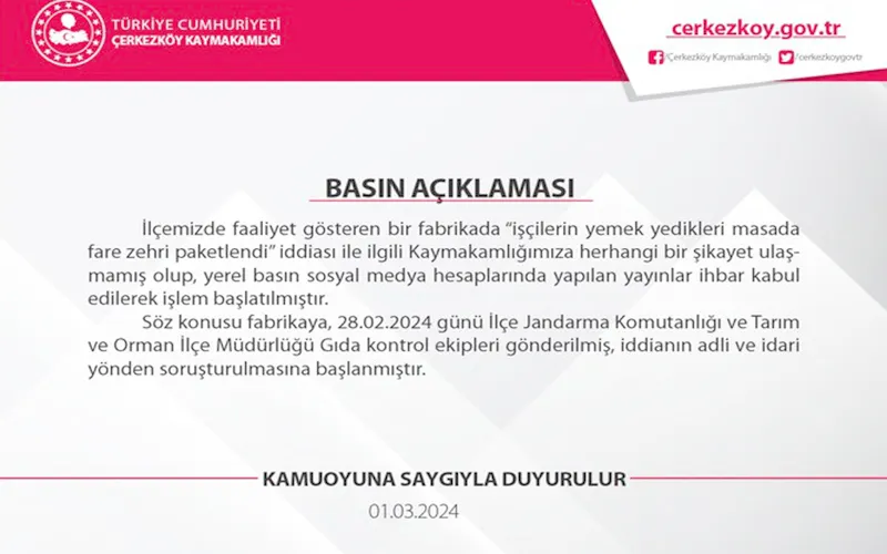 İŞÇİLERİN YEMEK YEDİKLERİ MASADA FARE ZEHRİ PAKETLENDİ İDDİASI