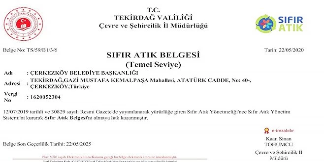 ÇERKEZKÖY BELEDİYESİ SIFIR ATIK BELGESİ  ALDI
