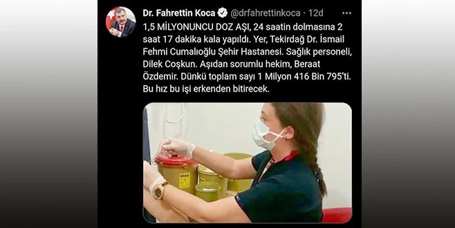 BİRBUÇUK MİLYONUNCU DOZ AŞI TEKİRDAĞ`DA YAPILDI