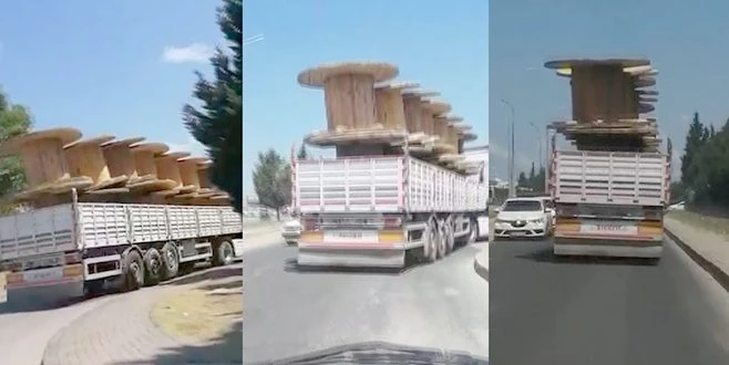 PALET TAŞIYAN TIR`IN TEHLİKE SAÇTIĞI ANLAR KAMERADA